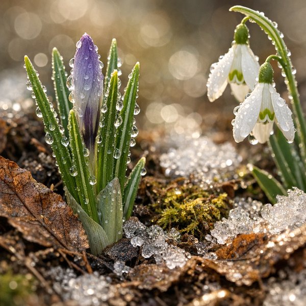 Morgentau im März auf Frühjahrsblüten