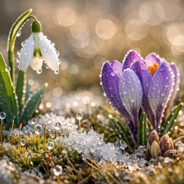 March Morning Thaw: Snowdrop and Crocus in Dew