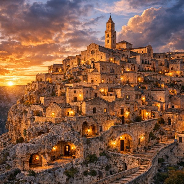 Matera at Golden Hour — Ancient Cave Dwellings Aglow