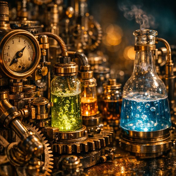 Laboratório Steampunk da Meia‑Noite — Elixires Luminosos e Engrenagens de Latão
