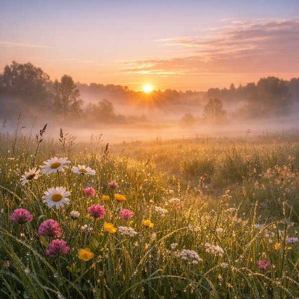 Misty Spring Sunrise Over Flowered Meadow