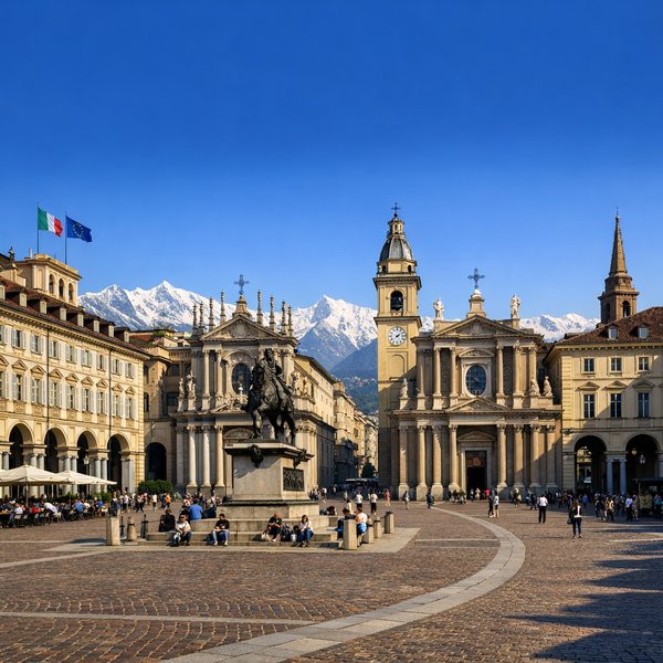 Piazza with Alpine Backdrop, Turin