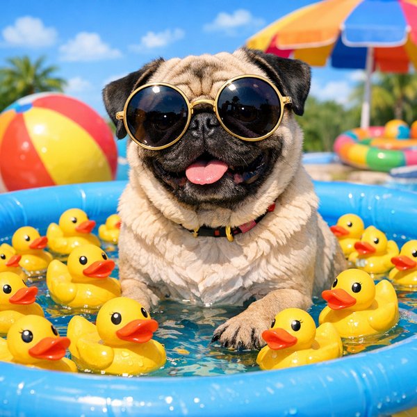 Poolside Pug with Rubber Ducks