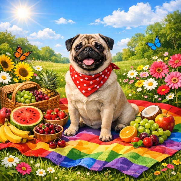 Proud Pug Picnic on a Rainbow Blanket