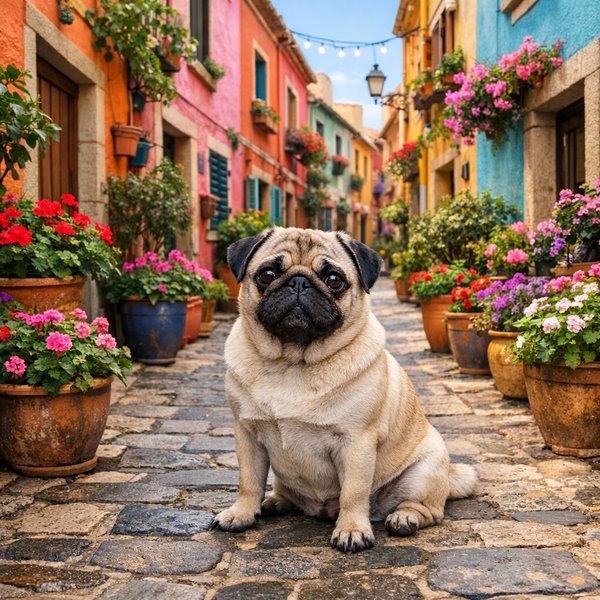 Pug in a Colorful European Alley