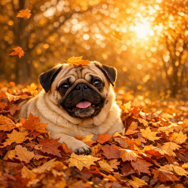 Pug in Golden Autumn Leaves