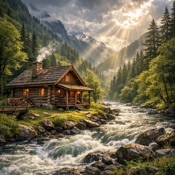 Riverside Log Cabin in Sunlit Mountain Valley