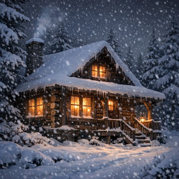 Snowbound Cabin at Night