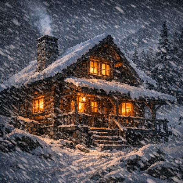 夜の雪山の丸太小屋