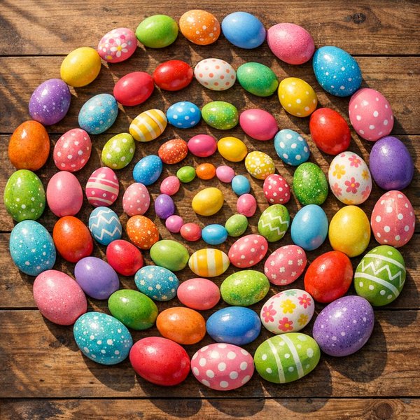 Spiral of Colorful Easter Eggs on Wood