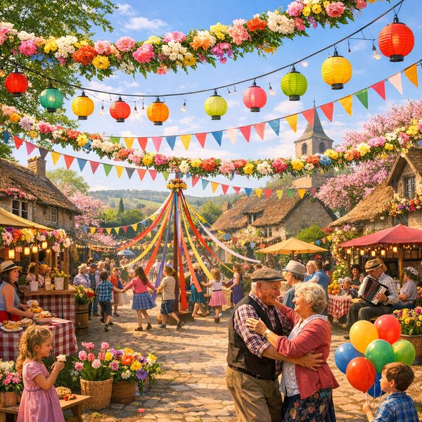 Fête printanière du village — Célébration colorée du mât de mai