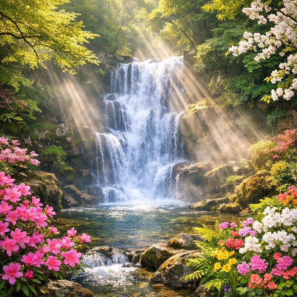 Spring Waterfall in Morning Light