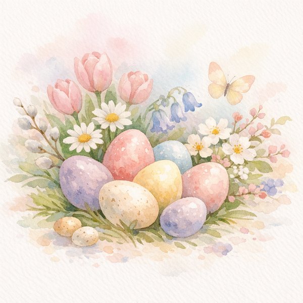 Springtime Easter Bouquet — Pastel Watercolor Eggs & Flowers