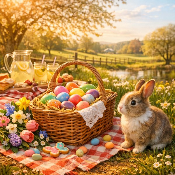 Springtime Easter Picnic with Curious Bunny