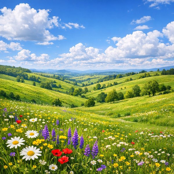 Springtime Rolling Hills with Wildflower Meadow