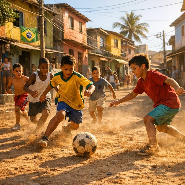 Bóng đá đường phố lúc hoàng hôn trong khu phố Brazil