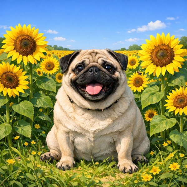 Sunflower Smile: Chubby Pug in Bloom