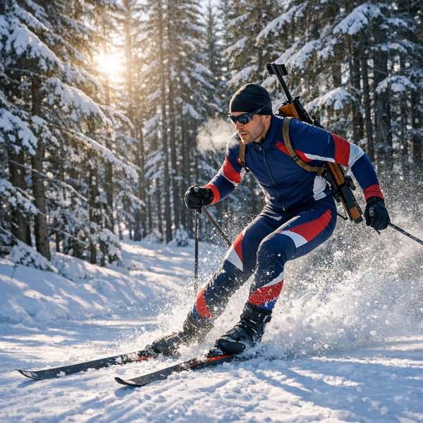 Sunlit Biathlete Carving Through Winter Forest