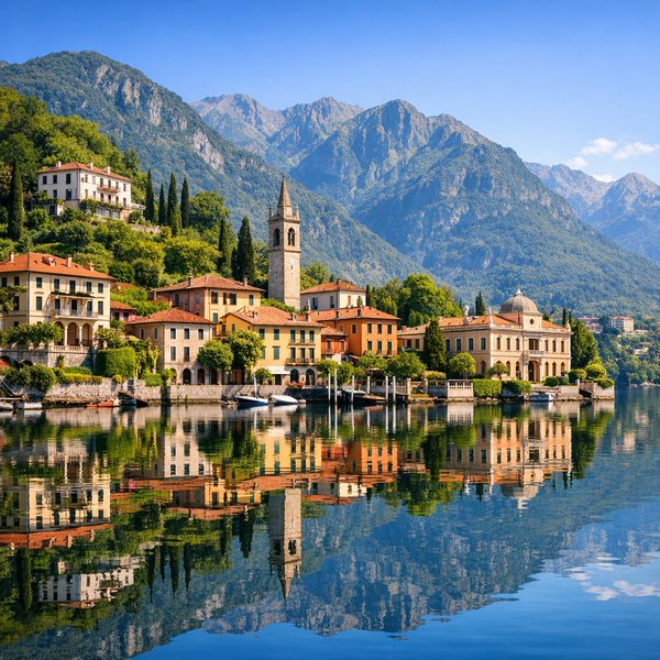 Sunlit Lake Como Village with Mountain Reflections