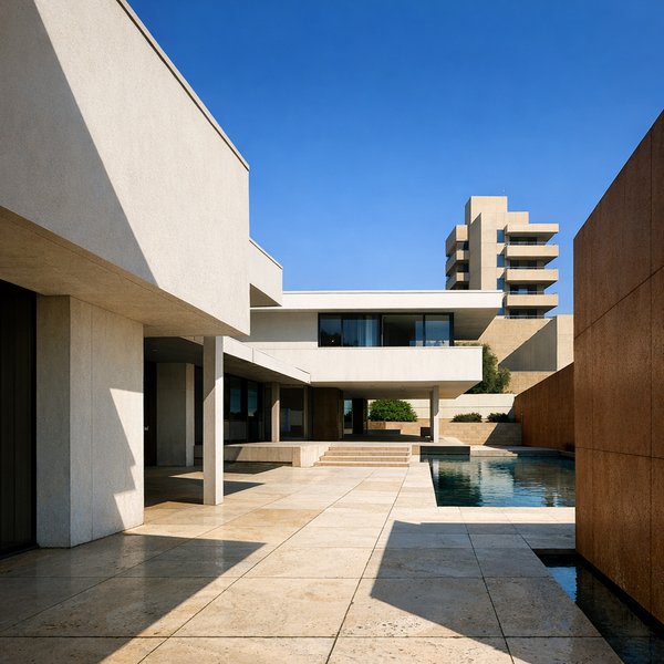 Sonnendurchfluteter modernistischer Innenhof mit Spiegelbecken