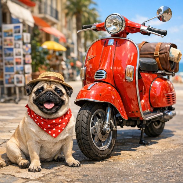 Sunlit Pug and Red Vintage Scooter