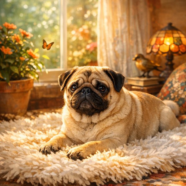 Sunlit Pug on a Fluffy Rug