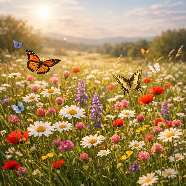Sunlit Spring Meadow with Butterflies