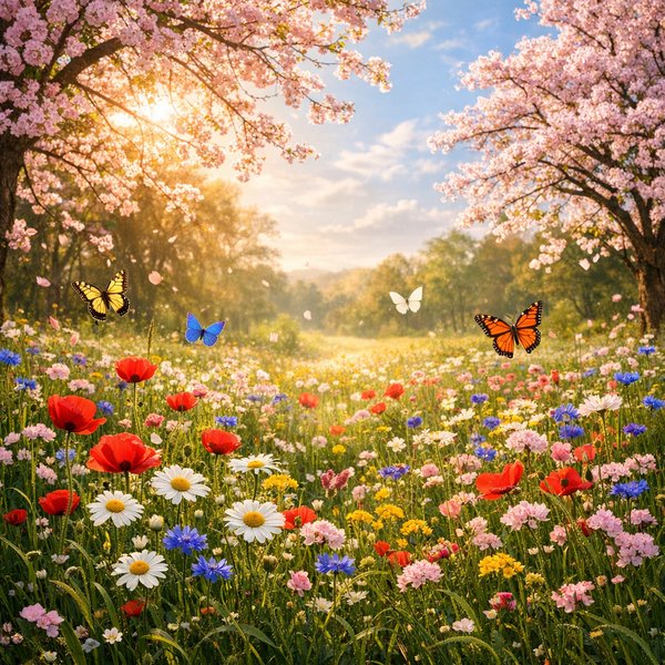 Sonnige Frühlingswiese mit Kirschblüten