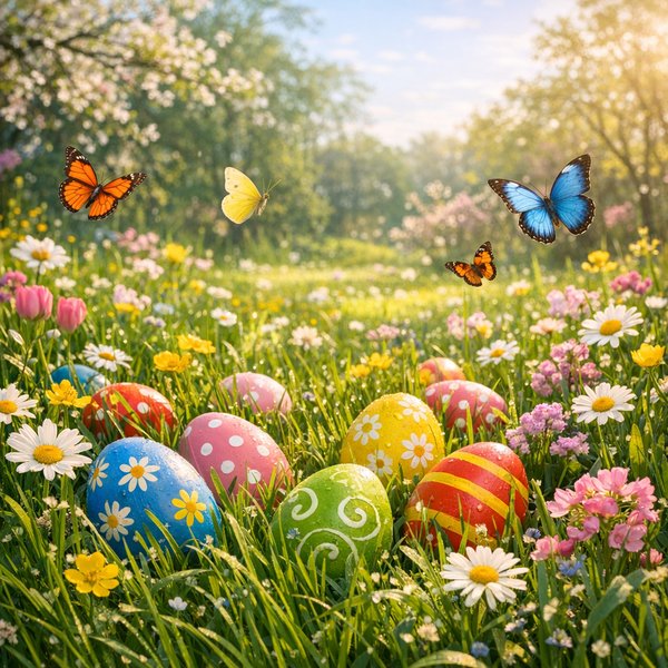 Sunlit Spring Meadow with Painted Easter Eggs