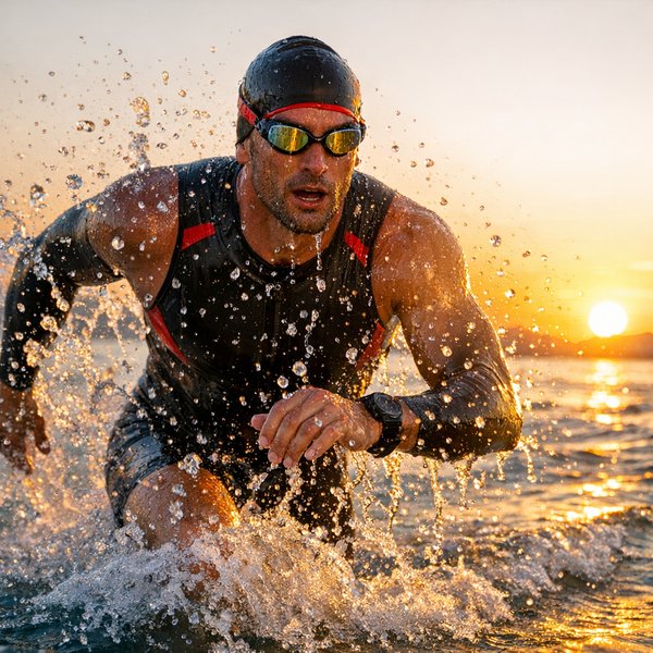Sunrise Sprint: Triathlete Breaking the Waves