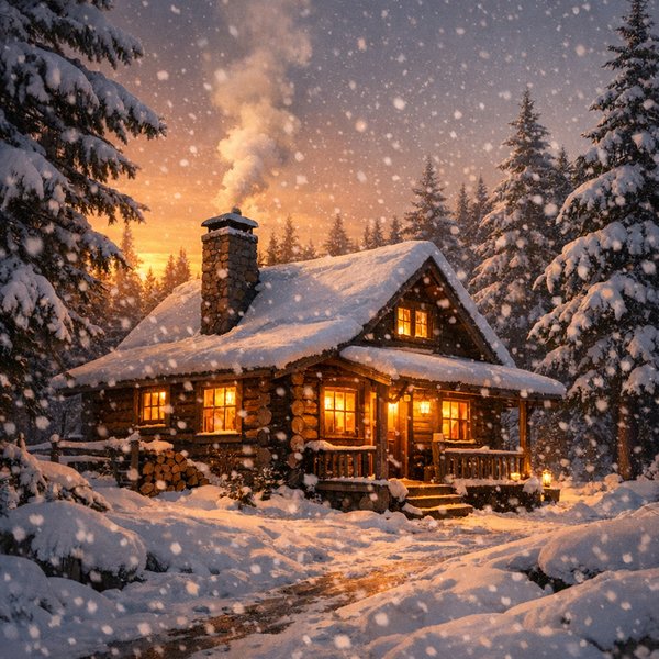 Sunset Cabin in a Snowy Pine Forest