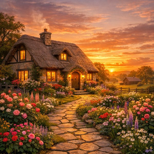 Thatched Cottage at Sunset