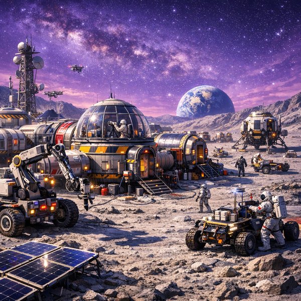 Horizonte Violeta: Base de Pesquisa Lunar ao Anoitecer