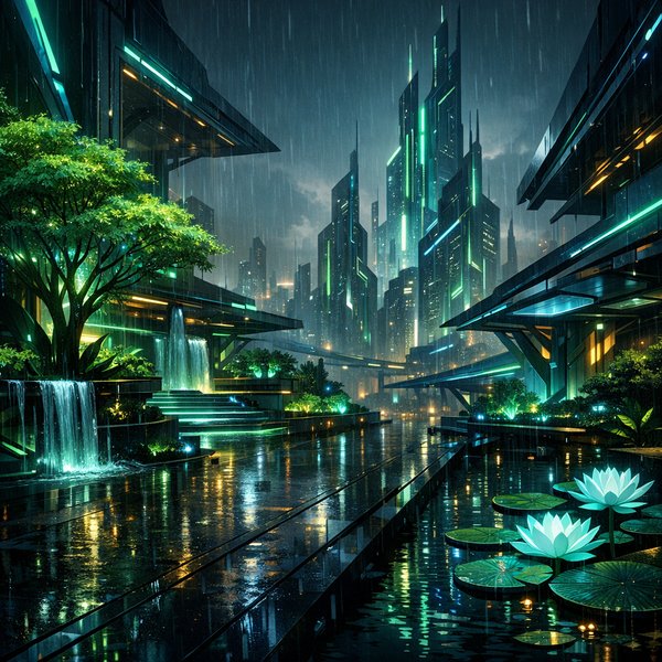 Lluvia de Neón de Abril — Paseo Cyberpunk Verdeante