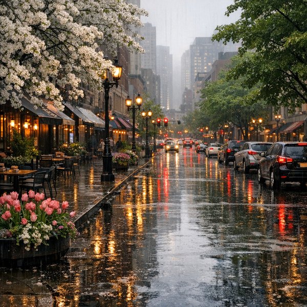 May Rain on a City Street at Dusk