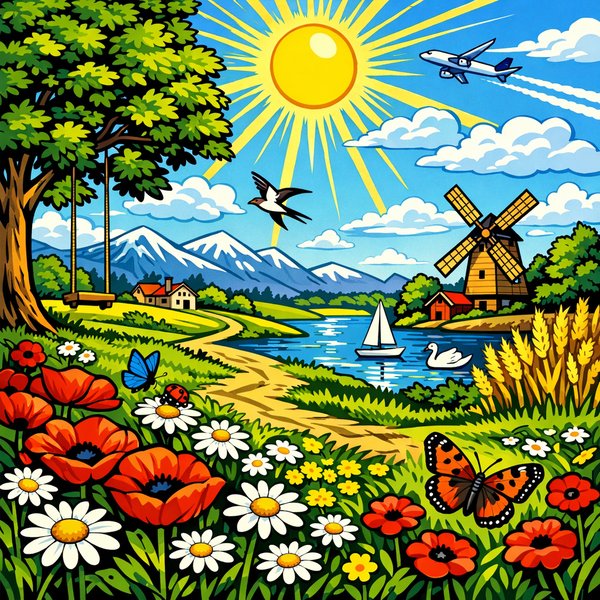 Sunlit Countryside in Comic Pop Style
