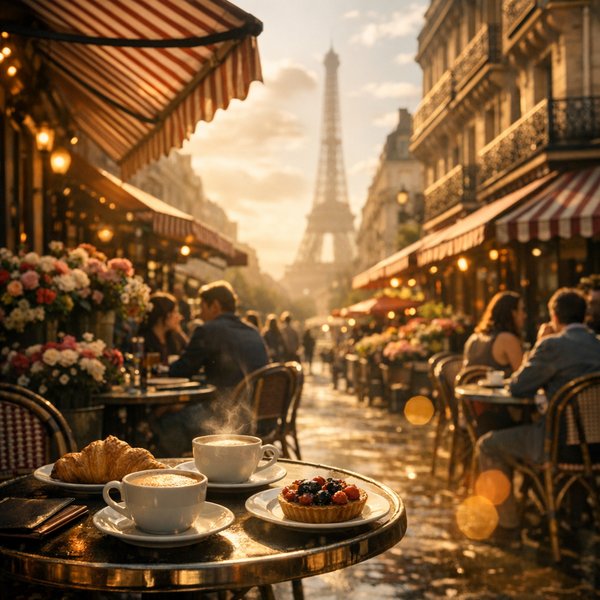 Hora Dourada num Café de Calçada Parisiense