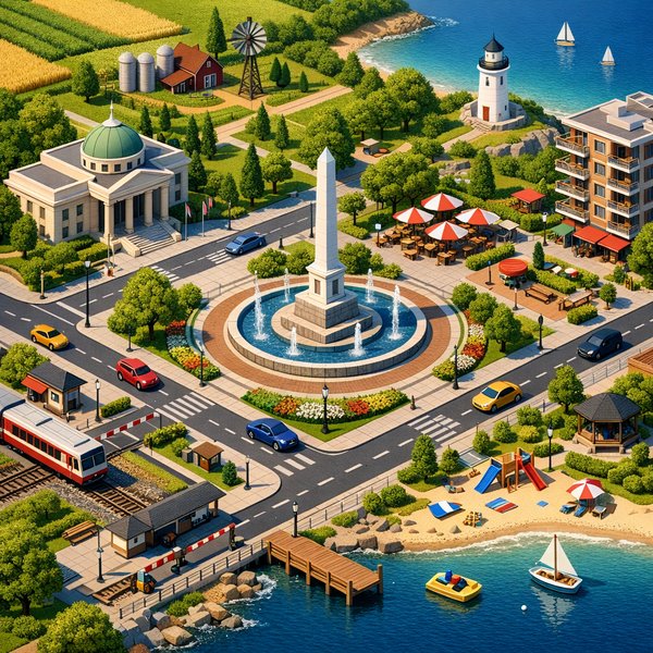 Isometric Coastal Town Square with Fountain and Harbor