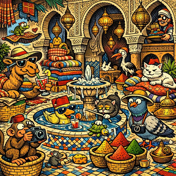 Mix de Riad em Marraquexe — Pátio ao Meio‑Dia em Estilo Banda Desenhada