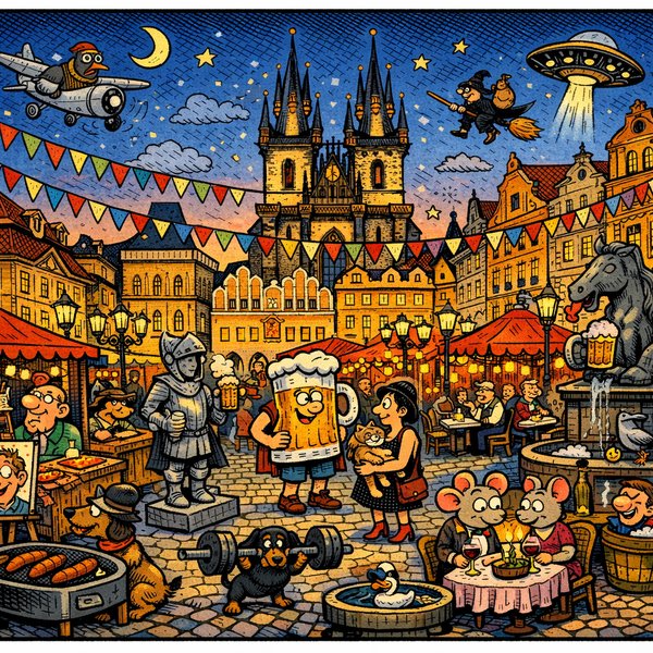 Mercado ao Crepúsculo em Praga — Cena da Cidade Velha em Estilo de Quadrinhos