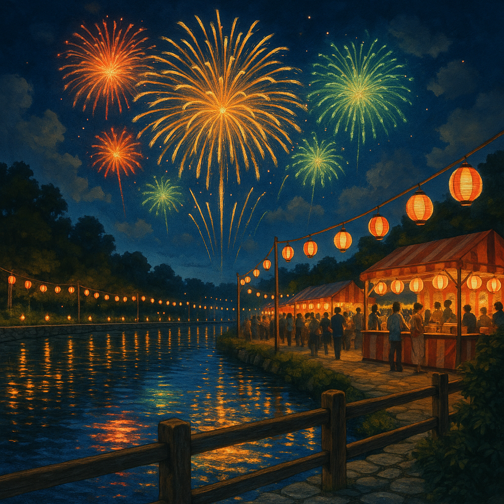 Festival Fireworks Over Tranquil Lake