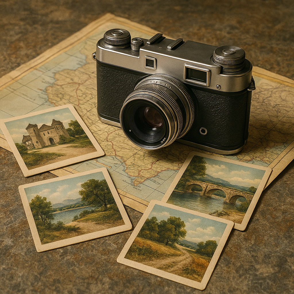 Vintage Camera on Map with Postcards